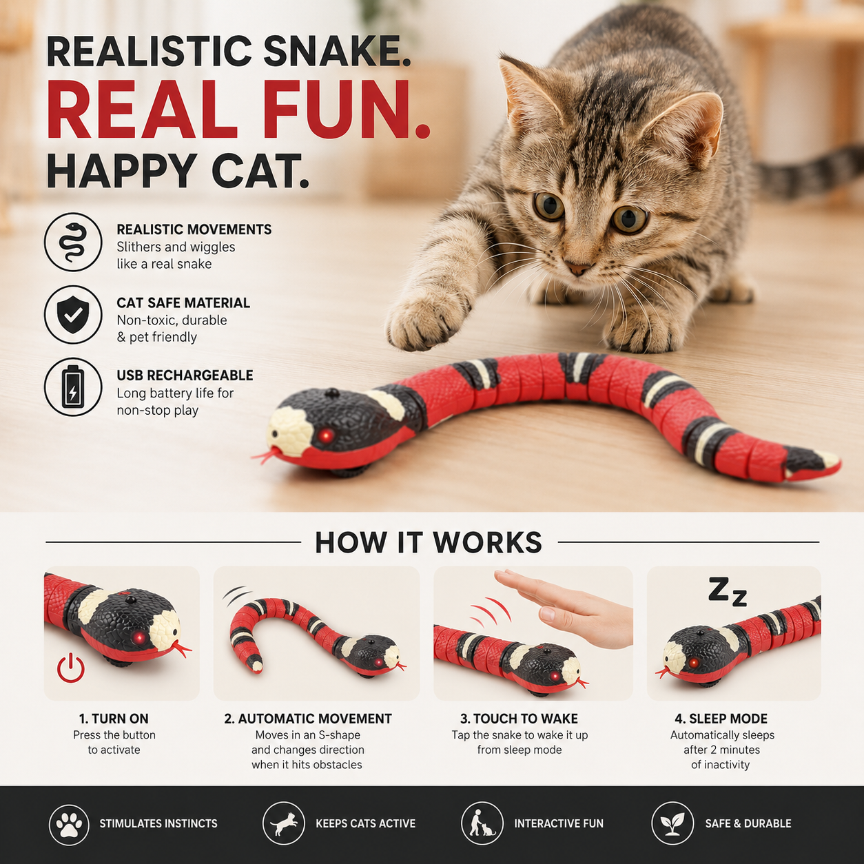 Snake cat toy in action